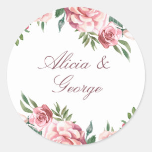 Elegant pink burgundy roses script wedding favour  classic round sticker