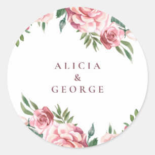Elegant pink burgundy roses wedding favour classic round sticker