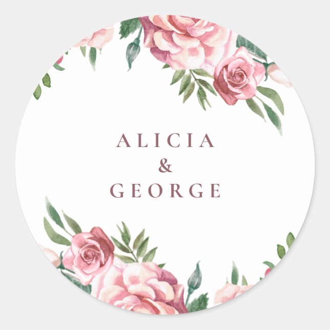 Elegant pink burgundy roses wedding favour classic round sticker (Front)