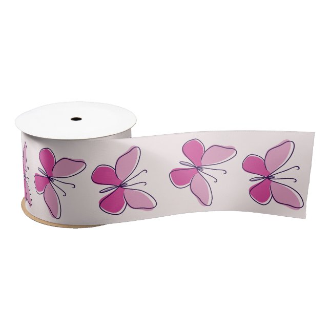 Elegant Pink Butterflies on Blush Satin Ribbon (Spool)
