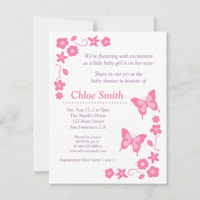 Elegant Pink butterfly baby shower party Invitation (Front)