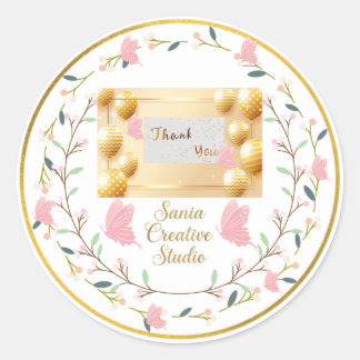 Elegant Pink Butterfly & Gold Balloons Thank You R Classic Round Sticker