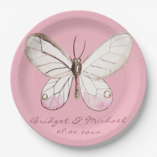 Elegant Pink Butterfly Personalized Wedding Paper Plate