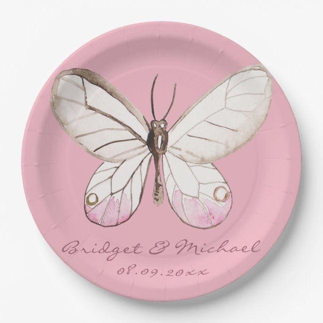 Elegant Pink Butterfly Personalized Wedding Paper Plate (Front)