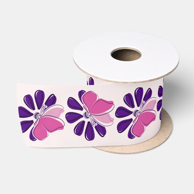 Elegant Pink Butterfly & Purple Flower on Blush Satin Ribbon (Spool)