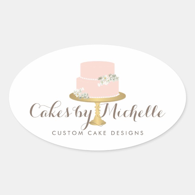 Elegant Pink Cake with Florals Cake Decorating Oval Sticker (Front)