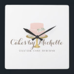 Elegant Pink Cake with Florals Cake Decorating Square Wall Clock<br><div class="desc">Coordinates with the Elegant Pink Cake with Florals Cake Decorating Business Card Template by 1201AM. An elegant pastel pink tiered cake decorated with white flowers sits atop a faux gold cake stand for a beautiful aesthetic on this bakery or cake decorator's clock design. Update the calligraphic text with your name...</div>