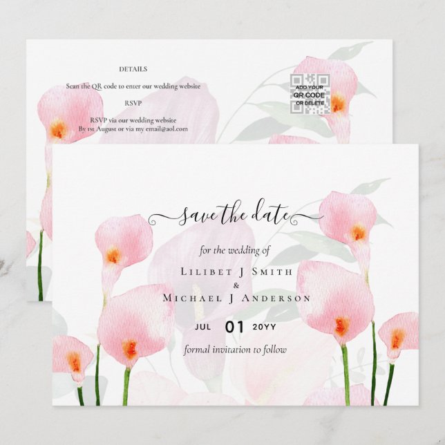 Elegant Pink Calla Lily Wedding Save Date QR Code Invitation (Front/Back)