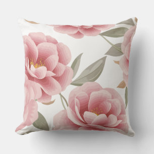 Elegant Pink Camellia Floral with Green Leaves Throw Pillow