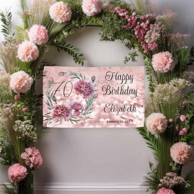 Elegant Pink Carnations 70th Birthday Party  Banner (Elegant Pink and Mauve Carnations 70th Birthday Party 3 ft x 5 ft Banner)