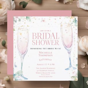 Elegant Pink Champagne Glass Floral Bridal Shower Invitation