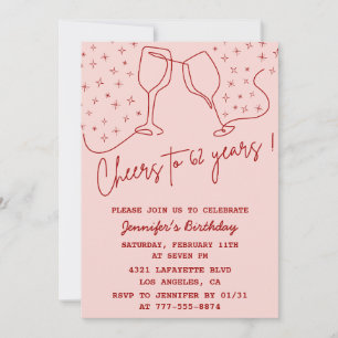 Elegant Pink Cheers Champagne 62nd birthday Invitation