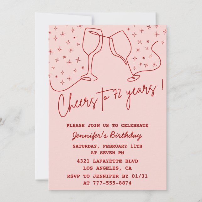 Elegant Pink Cheers Champagne 72nd birthday Invitation (Front)