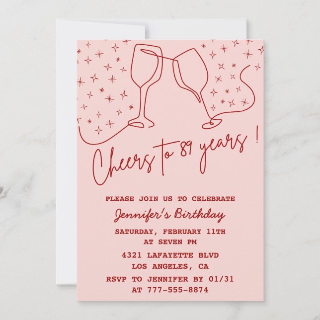 Elegant Pink Cheers Champagne 89th birthday Invitation (Front)