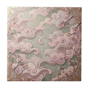 Elegant Pink Cherry Blossom Art Nouveau Swirls  Tile