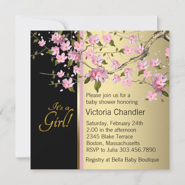 Elegant Pink Cherry Blossom Baby Shower Invitation (Front)