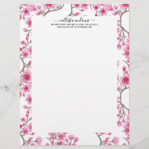 Elegant Pink Cherry Blossom Floral Watercolor Letterhead