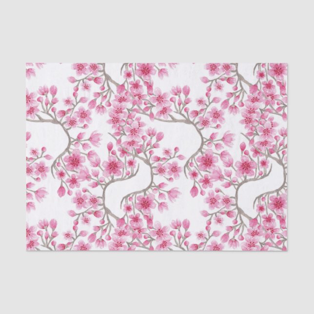 Elegant Pink Cherry Blossom Floral Watercolor Tissue Paper (Front)