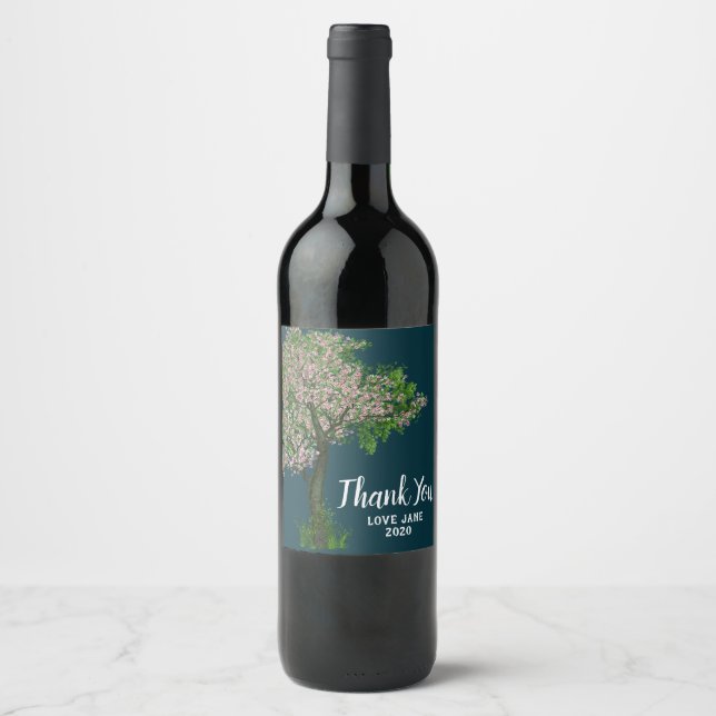 Elegant pink cherry blossom modern thank you gift wine label (Front)