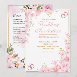 Elegant Pink Cherry Blossom Rose Gold Wedding Invi Invitation