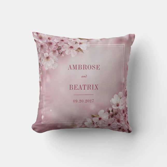 Elegant Pink Cherry Blossom Square Frame Throw Pillow (Front)