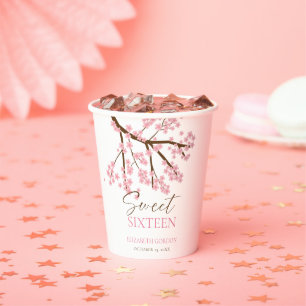 Elegant Pink Cherry Blossom Sweet Sixteen Paper Cups