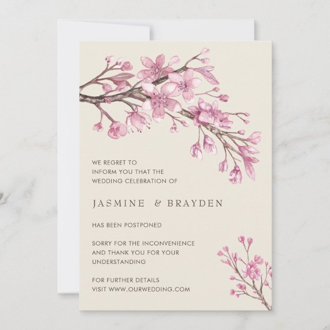 Elegant Pink Cherry Blossom Wedding Postponement Announcement (Front)