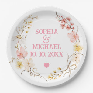 Elegant Pink Cherry Blossoms and Watercolor Floral Paper Plate