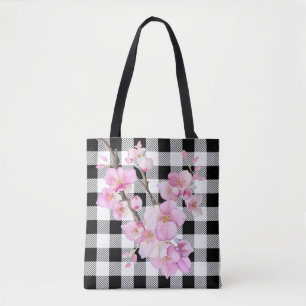 Elegant pink cherry blossoms black white gingham  tote bag