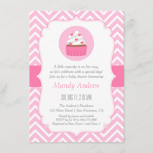 Elegant Pink Chevron Cupcake Baby Girl Shower Invitation