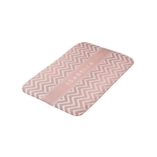 Elegant Pink Chevron Pattern Girly Faux Rose Gold Bath Mat (Angled)