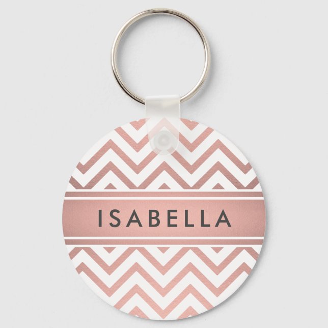 Elegant Pink Chevron Pattern Girly Faux Rose Gold Keychain (Front)
