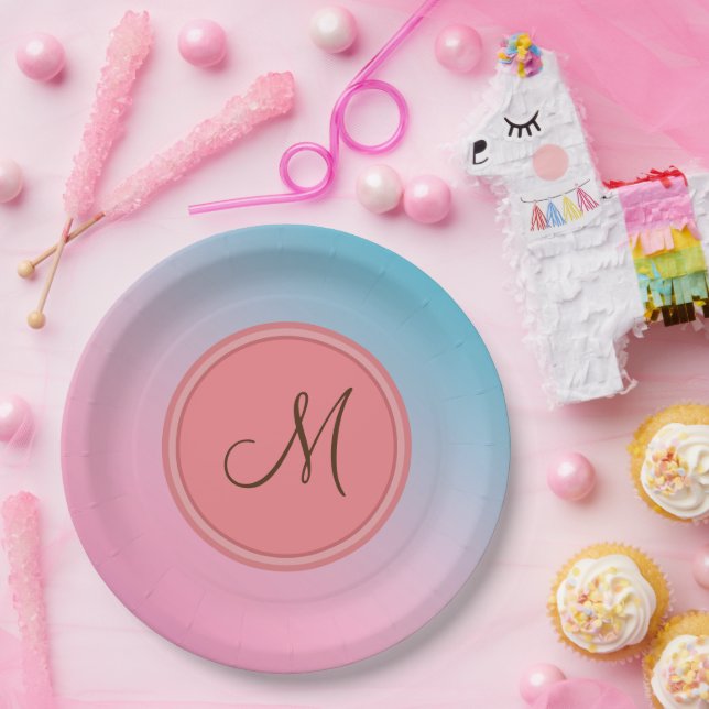 Elegant Pink Chic Trendy Modern Monogram Paper Plate (Party)