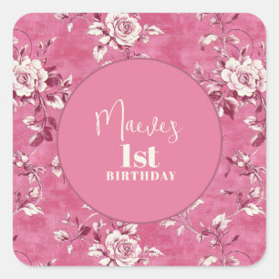 Elegant Pink Chinoiserie 1st Birthday Party Square Sticker