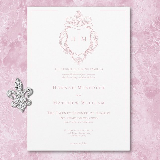 Elegant Pink Chinoiserie Bird & Crest Wedding Invitation (Elegant Pink Chinoiserie Bird & Crest Wedding Invitation)