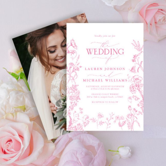 Elegant Pink Chinoiserie Floral Photo Wedding Invitation (Creator Uploaded)