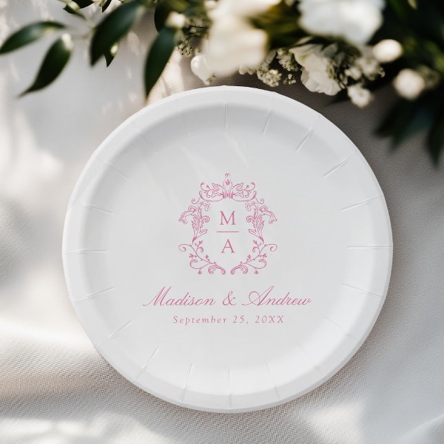 Elegant Pink Chinoiserie Monogram Crest Wedding Paper Plate (Creator Uploaded)