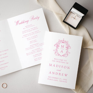 Elegant Pink Chinoiserie Monogram Crest Wedding Program
