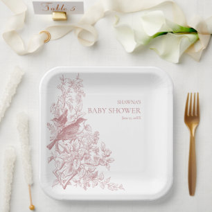 Elegant Pink Chinoiserie Nature Birds Baby Shower Paper Plate