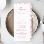 Elegant Pink Chinoiserie Victorian Floral Wedding Menu<br><div class="desc">Create a stunning dining experience with our Elegant Pink Chinoiserie Floral wedding menu. Featuring elegant pink calligraphy on a crisp white background, this customizable menu allows couples to add their names, wedding date, and personalized menu offerings. The back showcases a beautiful pink and white Chinoiserie floral pattern, adding a timeless...</div>
