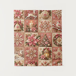 Elegant Pink Christmas Patchwork Blanket Tapestry