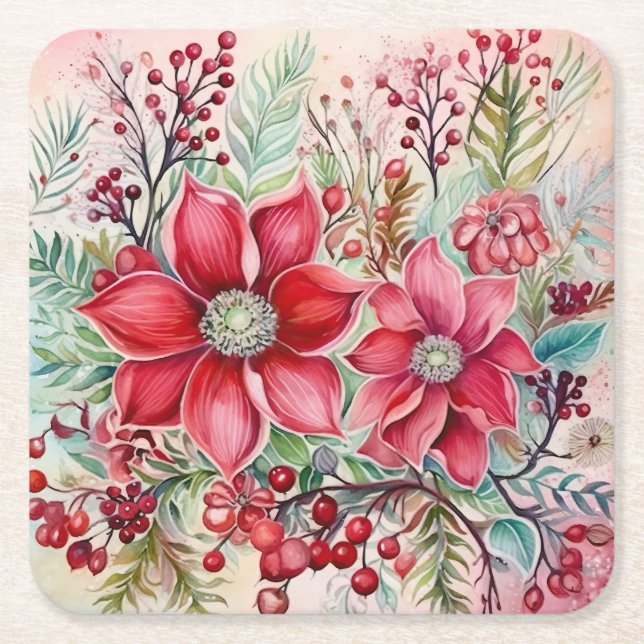 Elegant Pink Christmas Poinsettia  Square Paper Coaster (Front)