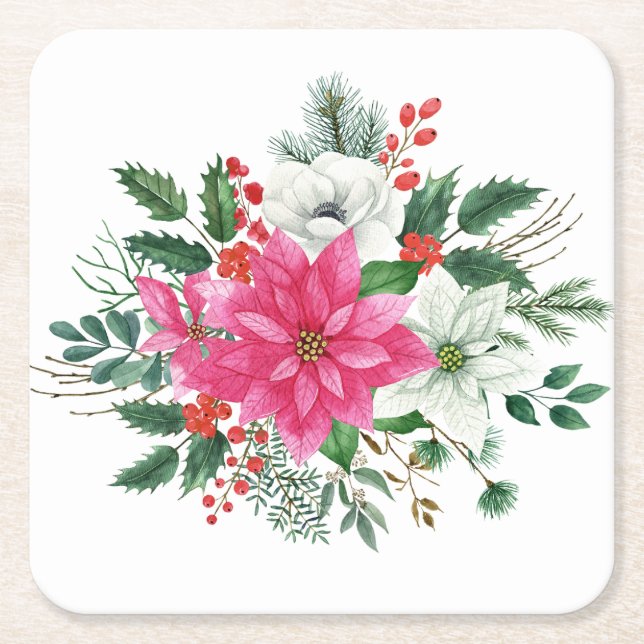 Elegant Pink Christmas Poinsettia  Square Paper Coaster (Front)