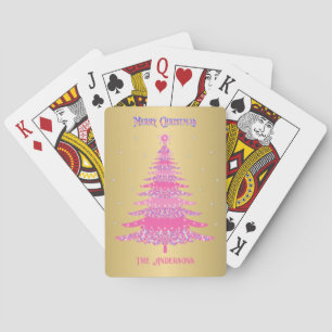 Elegant Pink Christmas Tree Custom Name Gold Foil Playing Cards