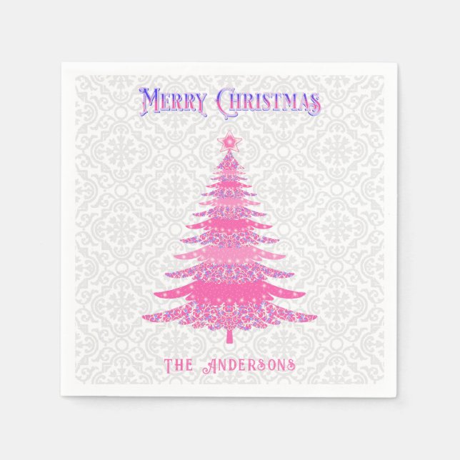 Elegant Pink Christmas Tree Custom Name  Napkin (Front)