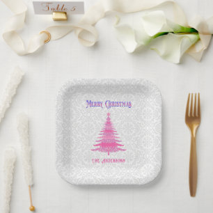 Elegant Pink Christmas Tree Custom Name Paper Plate