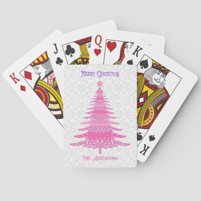 Elegant Pink Christmas Tree Custom Name Playing Cards (Back)