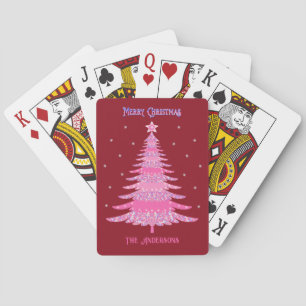 Elegant Pink Christmas Tree Custom Name Red Playing Cards