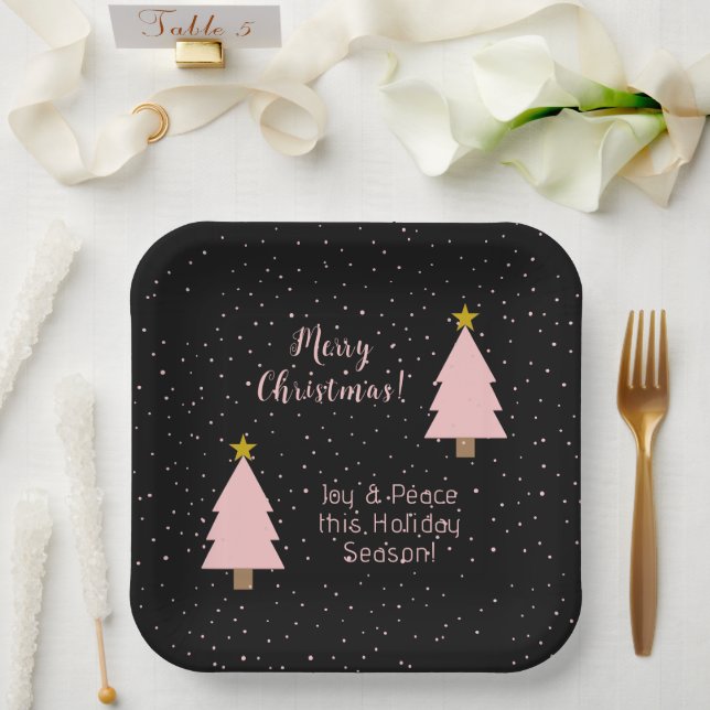 Elegant Pink Christmas Tree Golden Star, Night Sky Paper Plate (Wedding)