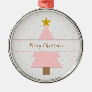 Elegant Pink Christmas Tree & Golden Star Snowy Metal Ornament